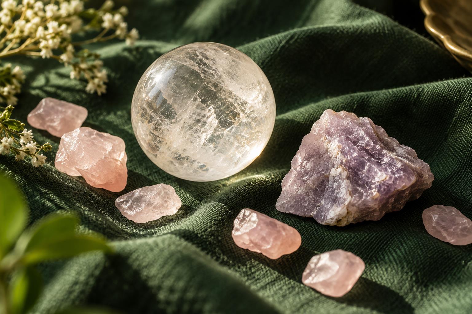Quartz sphere and mineral fragments