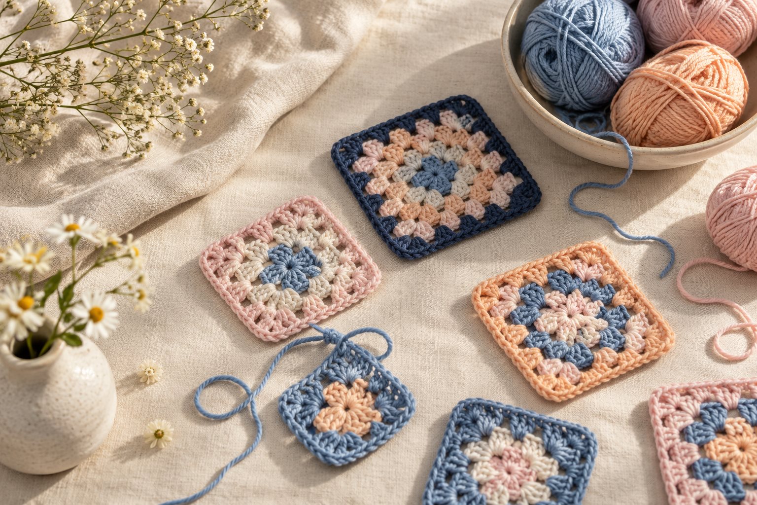 Illustrated crochet squares and yarn on an ivory work table
