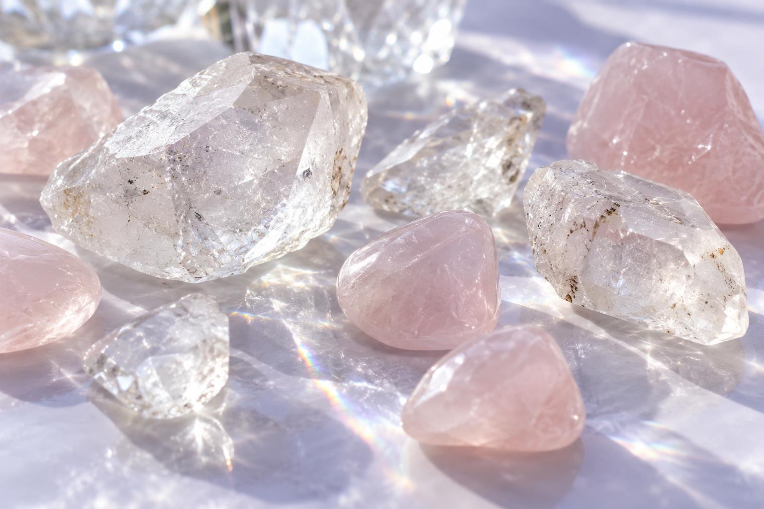 Clear and pink quartz in bright refracted daylight